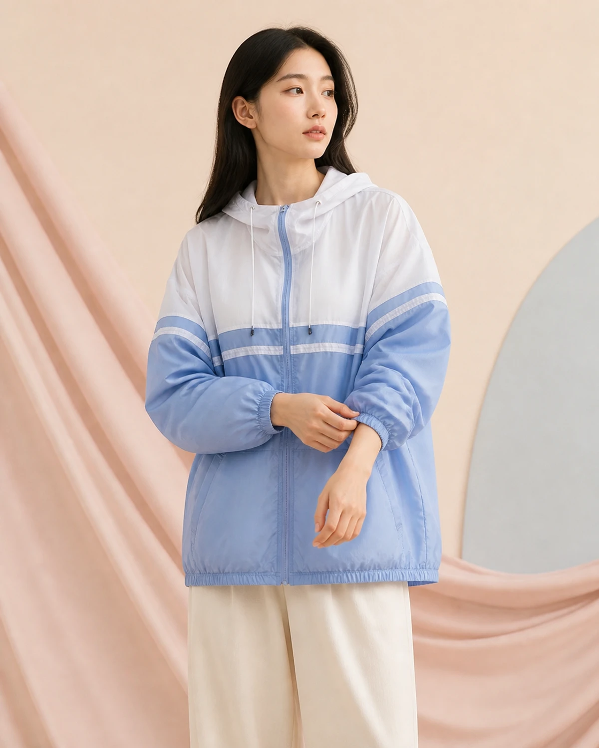雾蓝拼色连帽防晒夹克